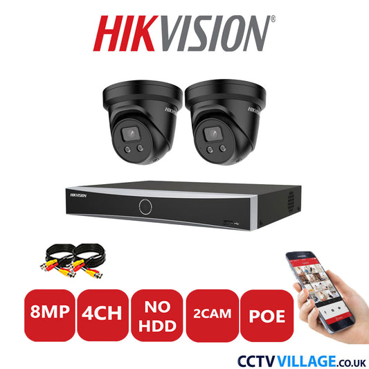 Hikvision 8MP IP CCTV Kit 4 Channel NVR-DS7604NXI-K1/4P with 2x Turret Cameras DS-2CD2386G2-ISU/SL Black No HDD Full Kit