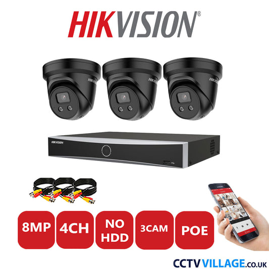 Hikvision 8MP IP CCTV Kit 4 Channel NVR-DS7604NXI-K1/4P with 3x Turret Cameras DS-2CD2386G2-ISU/SL Black No HDD Full Kit