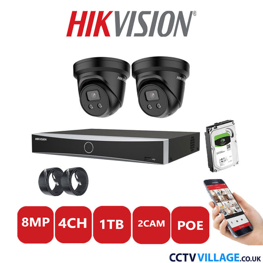 Hikvision 8MP IP CCTV System 4 Channel NVR-DS7604NXI-K1/4P with 2x Turret Cameras DS-2CD2386G2-ISU/SL Black 1TB HDD Full Kit