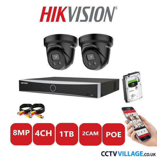 Hikvision 8MP IP CCTV Kit 4 Channel NVR-DS7604NXI-K1/4P with 2x Turret Cameras DS-2CD2386G2-ISU/SL Black 1TB HDD Full Kit