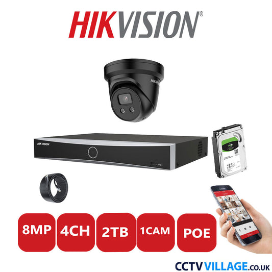 Hikvision 8MP IP CCTV System 4 Channel NVR-DS7604NXI-K1/4P with 1x Turret Camera DS-2CD2386G2-ISU/SL Black 2TB HDD Full Kit