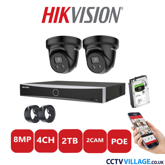 Hikvision 8MP IP CCTV System 4 Channel NVR-DS7604NXI-K1/4P with 2x Turret Cameras DS-2CD2386G2-ISU/SL Black 2TB HDD Full Kit