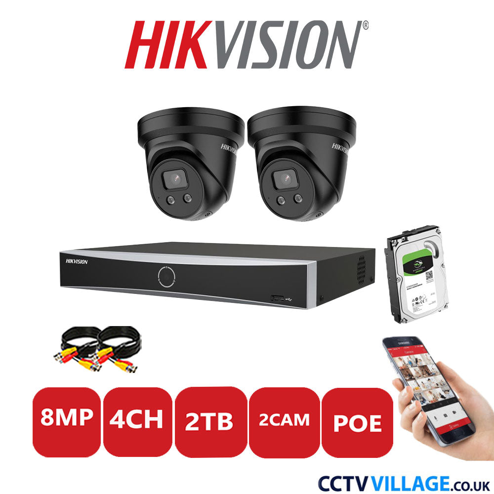 Hikvision 8MP IP CCTV Kit 4 Channel NVR-DS7604NXI-K1/4P with 2x Turret Cameras DS-2CD2386G2-ISU/SL Black 2TB HDD Full Kit