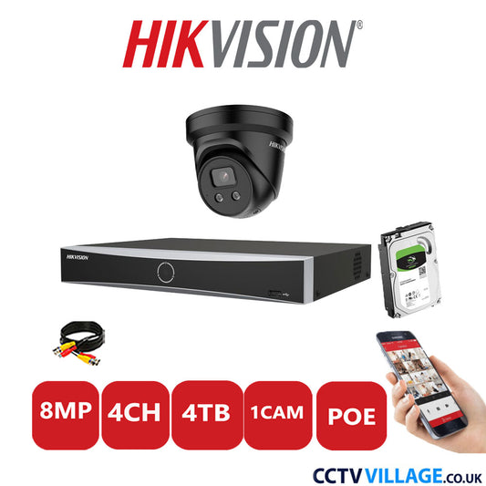 Hikvision 8MP IP CCTV Kit 4 Channel NVR-DS7604NXI-K1/4P with 1x Turret Camera DS-2CD2386G2-ISU/SL Black 4TB HDD Full Kit