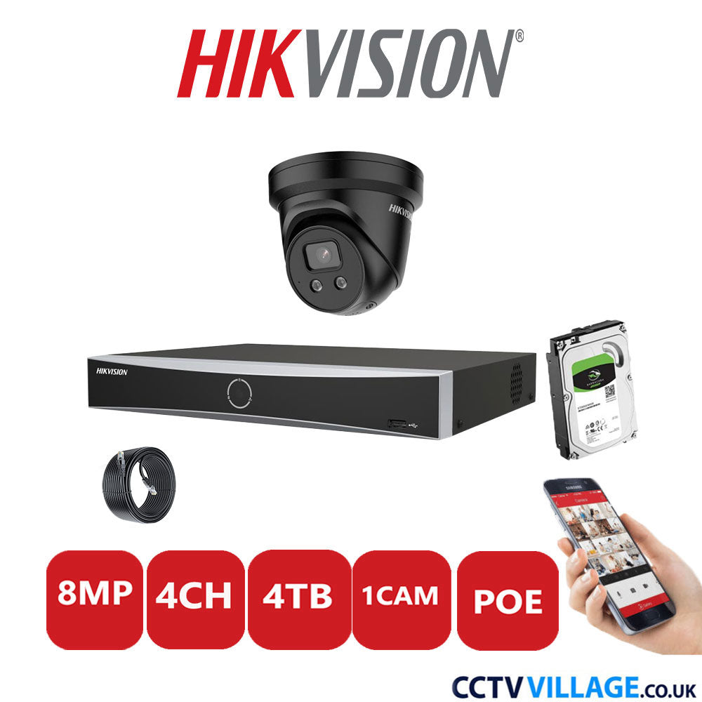 Hikvision 8MP IP CCTV System 4 Channel NVR-DS7604NXI-K1/4P with 1x Turret Camera DS-2CD2386G2-ISU/SL Black 4TB HDD Full Kit