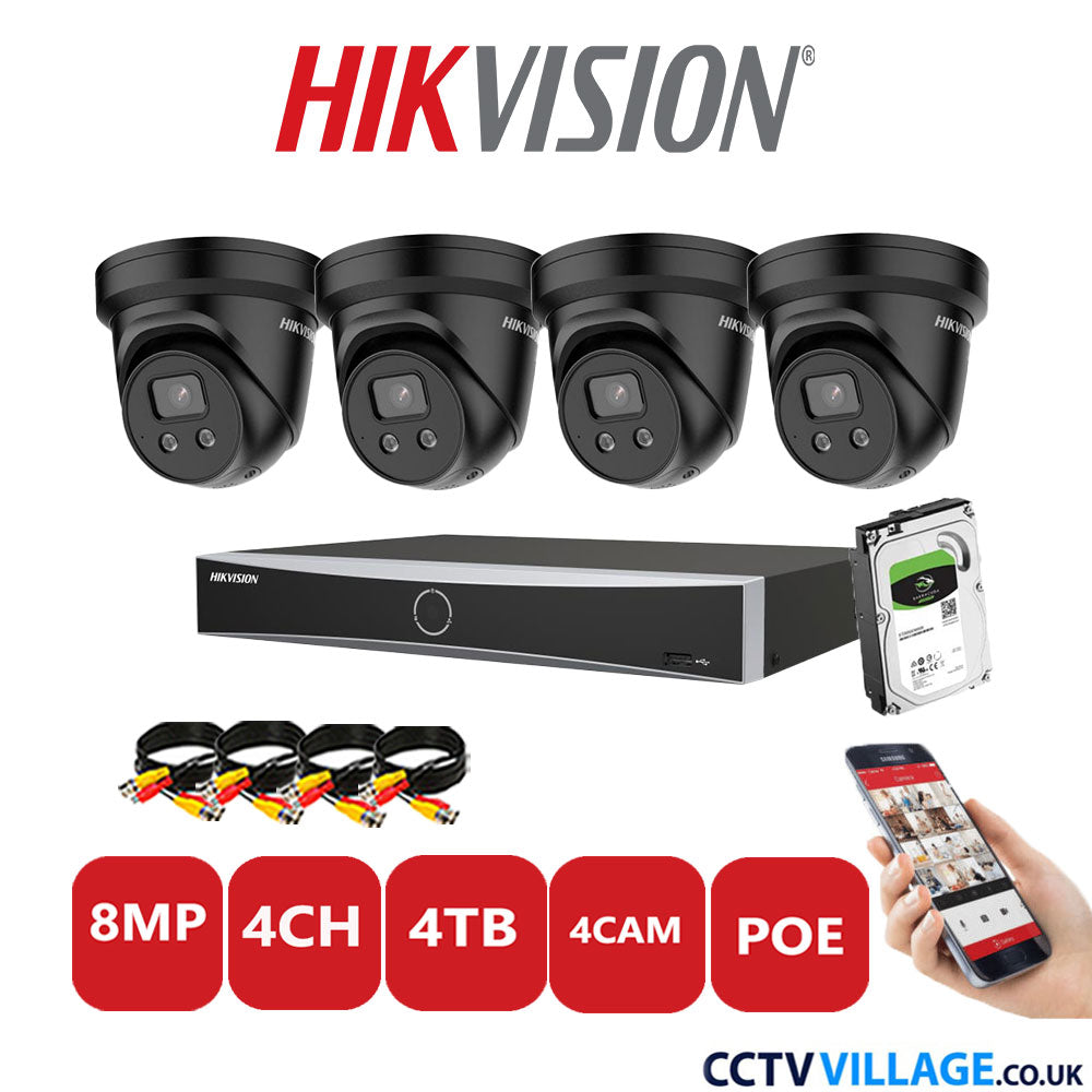 Hikvision 8MP IP CCTV Kit 4 Channel NVR-DS7604NXI-K1/4P with 4x Turret Cameras DS-2CD2386G2-ISU/SL Black 4TB HDD  Full Kit