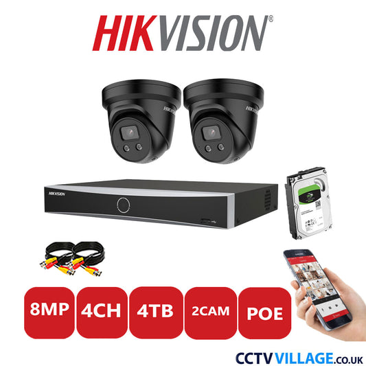 Hikvision 8MP IP CCTV Kit 4 Channel NVR-DS7604NXI-K1/4P with 2x Turret Cameras DS-2CD2386G2-ISU/SL Black 4TB HDD Full Kit