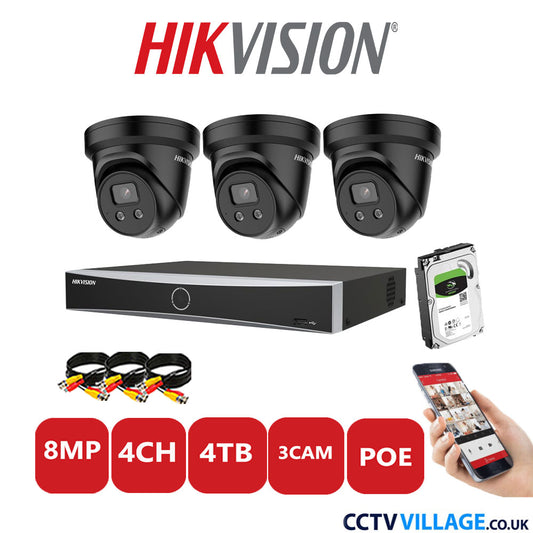 Hikvision 8MP IP CCTV Kit 4 Channel NVR-DS7604NXI-K1/4P with 3x Turret Cameras DS-2CD2386G2-ISU/SL Black 4TB HDD Full Kit