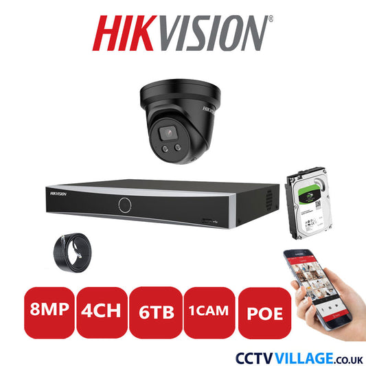 Hikvision 8MP IP CCTV System 4 Channel NVR-DS7604NXI-K1/4P with 1x Turret Camera DS-2CD2386G2-ISU/SL Black 6TB HDD Full Kit