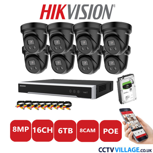 Hikvision 8MP IP CCTV System 16 Channel NVR-DS7616NI-I2/16P with 8x Turret Cameras DS-2CD2386G2-ISU/SL Black 6TB HDD Full Kit