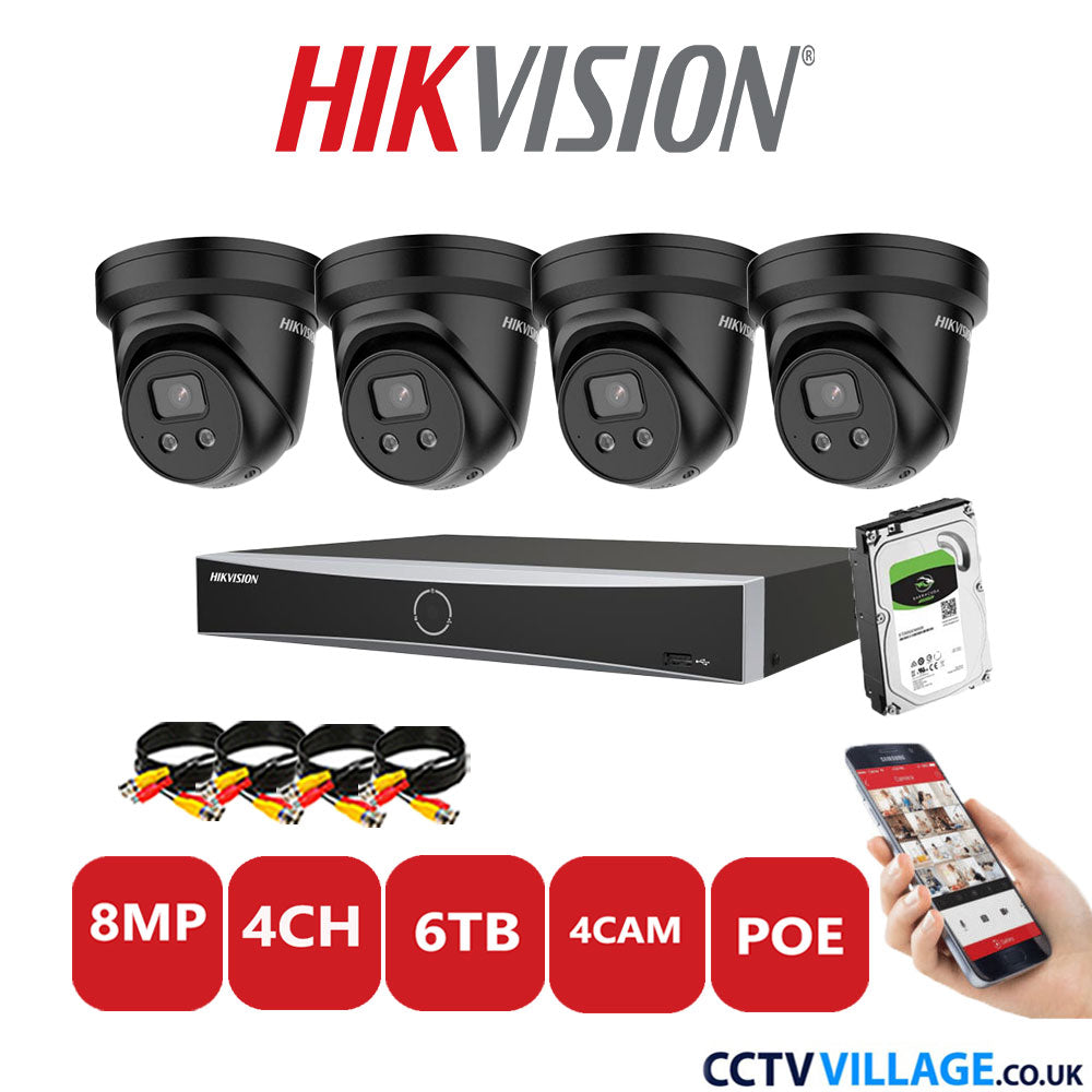 Hikvision 8MP IP CCTV Kit 4 Channel NVR-DS7604NXI-K1/4P with 4x Turret Cameras DS-2CD2386G2-ISU/SL Black 6TB HDD  Full Kit