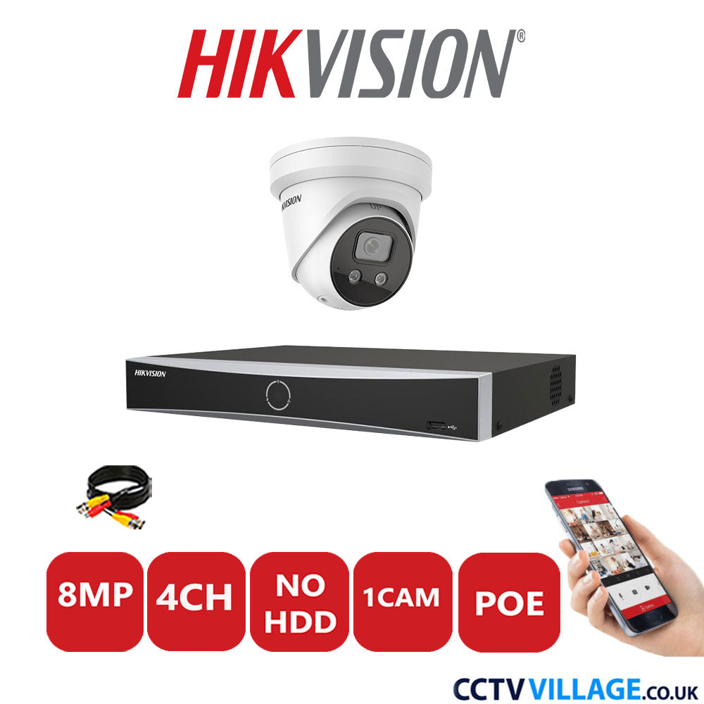 Hikvision 8MP IP CCTV Kit 4 Channel NVR-DS7604NXI-K1/4P with 1x Turret Camera DS-2CD2386G2-ISU/SL White No HDD Full Kit