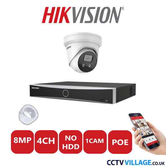 Hikvision 8MP IP CCTV System 4 Channel NVR-DS7604NXI-K1/4P with 1x Turret Camera DS-2CD2386G2-ISU/SL White No HDD Full Kit