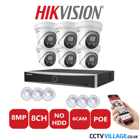 Hikvision 8MP IP CCTV System 8 Channel NVR-DS7608NXI-K1/8P with 6x Turret Cameras DS-2CD2386G2-ISU/SL White No HDD Full Kit