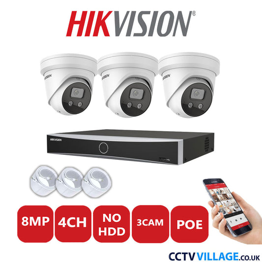 Hikvision 8MP IP CCTV System 4 Channel NVR-DS7604NXI-K1/4P with 3x Turret Cameras DS-2CD2386G2-ISU/SL White No HDD Full Kit