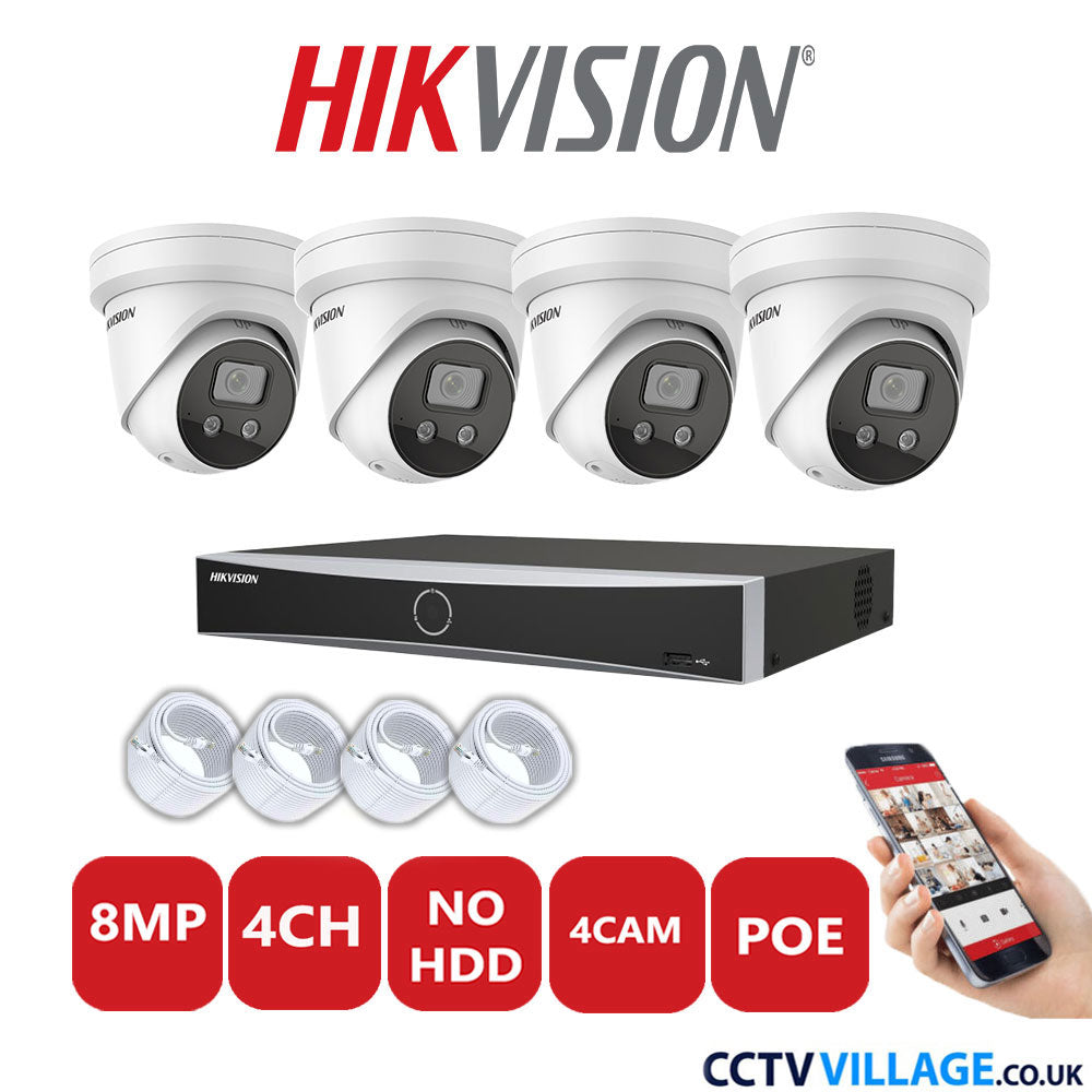 Hikvision 8MP IP CCTV System 4 Channel NVR-DS7604NXI-K1/4P with 4x Turret Cameras DS-2CD2386G2-ISU/SL White No HDD Full Kit