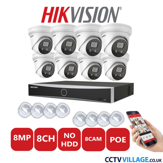 Hikvision 8MP IP CCTV System 8 Channel NVR-DS7608NXI-K1/8P with 8x Turret Cameras DS-2CD2386G2-ISU/SL White No HDD Full Kit