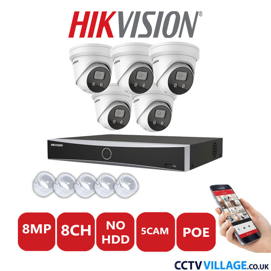 Hikvision 8MP IP CCTV System 8 Channel NVR-DS7608NXI-K1/8P with 5x Turret Cameras DS-2CD2386G2-ISU/SL White No HDD Full Kit