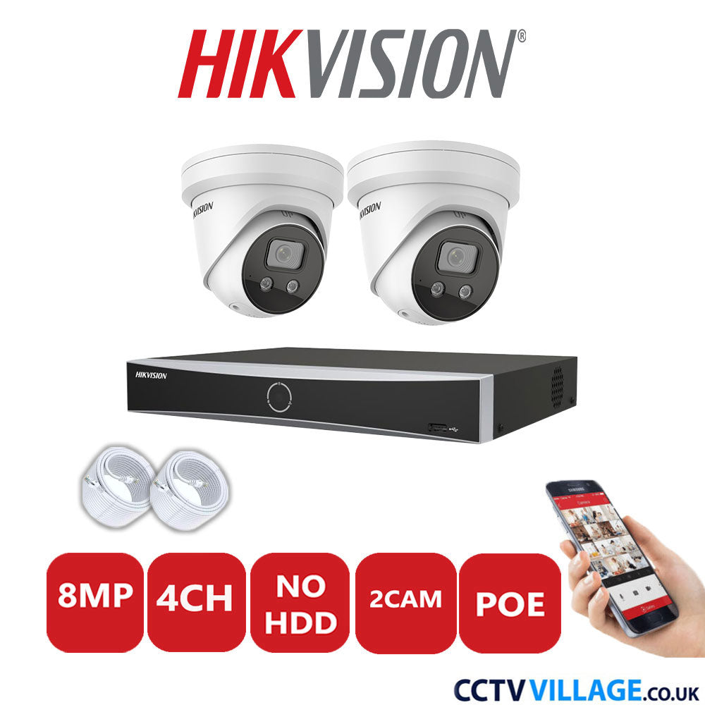 Hikvision 8MP IP CCTV System 4 Channel NVR-DS7604NXI-K1/4P with 2x Turret Cameras DS-2CD2386G2-ISU/SL White No HDD Full Kit