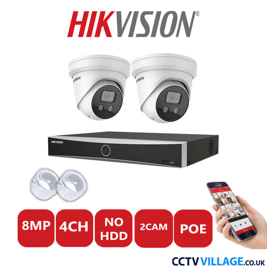 Hikvision 8MP IP CCTV System 4 Channel NVR-DS7604NXI-K1/4P with 2x Turret Cameras DS-2CD2386G2-ISU/SL White No HDD Full Kit