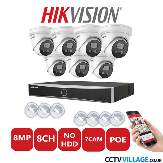 Hikvision 8MP IP CCTV System 8 Channel NVR-DS7608NXI-K1/8P with 7x Turret Cameras DS-2CD2386G2-ISU/SL White No HDD Full Kit