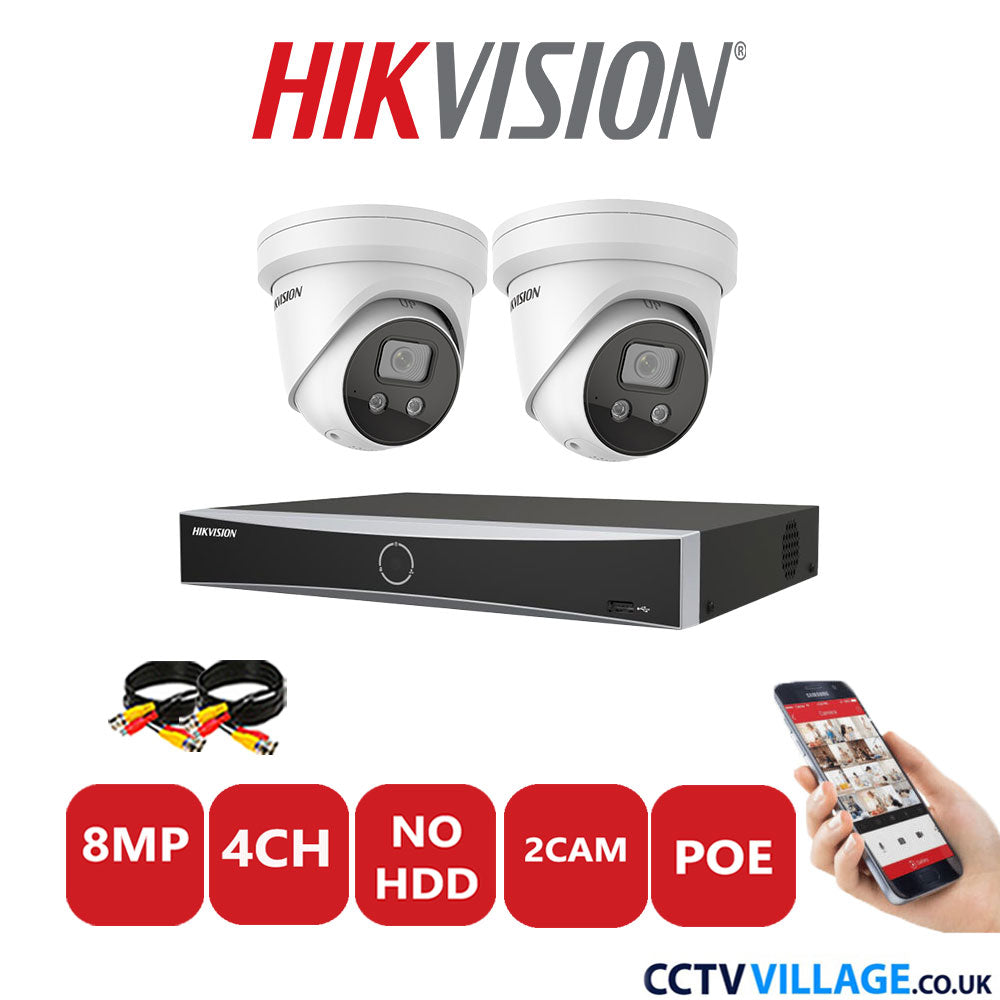 Hikvision 8MP IP CCTV Kit 4 Channel NVR-DS7604NXI-K1/4P with 2x Turret Cameras DS-2CD2386G2-ISU/SL White No HDD Full Kit