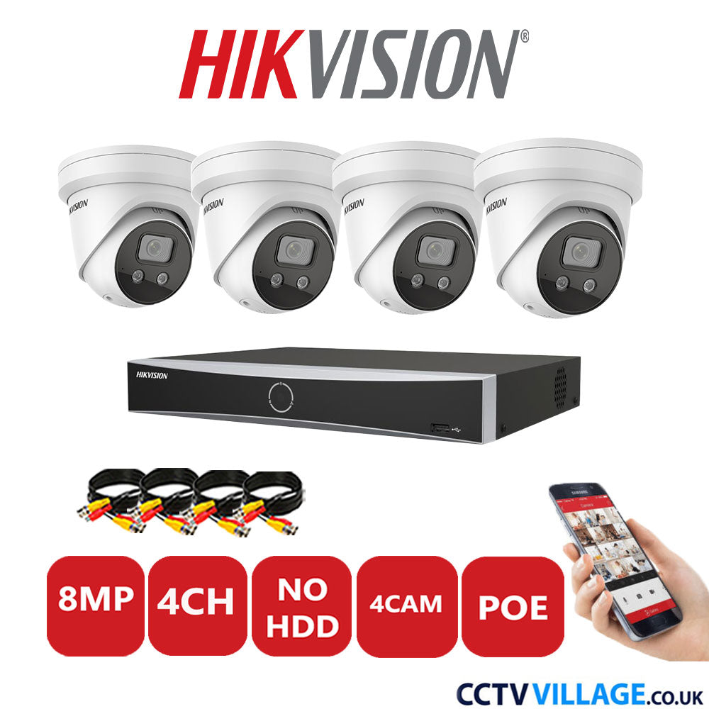 Hikvision 8MP IP CCTV Kit 4 Channel NVR-DS7604NXI-K1/4P with 4x Turret Cameras DS-2CD2386G2-ISU/SL White No HDD Full Kit