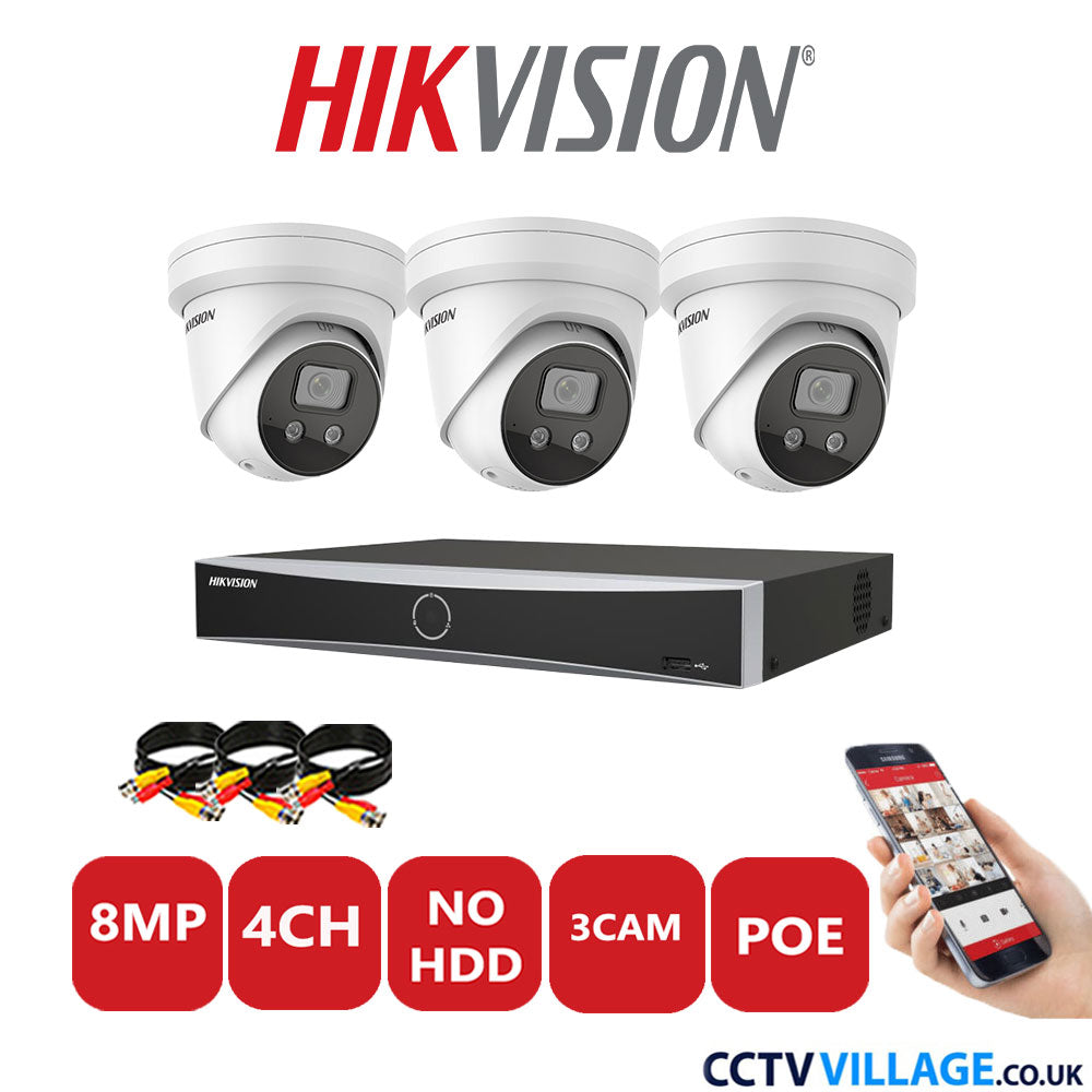 Hikvision 8MP IP CCTV Kit 4 Channel NVR-DS7604NXI-K1/4P with 3x Turret Cameras DS-2CD2386G2-ISU/SL White No HDD Full Kit