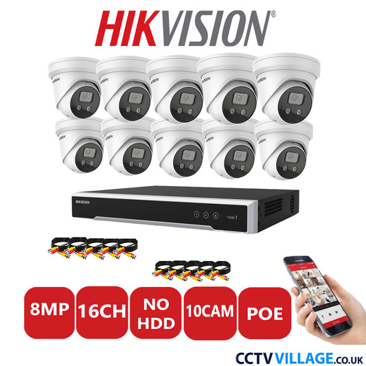 Hikvision 8MP IP CCTV System 16 Channel NVR-DS7616NI-I2/16P with 10x Turret Cameras DS-2CD2386G2-ISU/SL White No HDD Full Kit