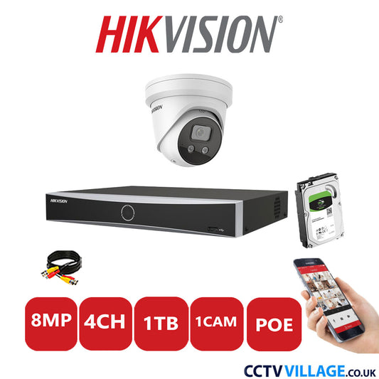 Hikvision 8MP IP CCTV Kit 4 Channel NVR-DS7604NXI-K1/4P with 1x Turret Camera DS-2CD2386G2-ISU/SL White 1TB HDD Full Kit