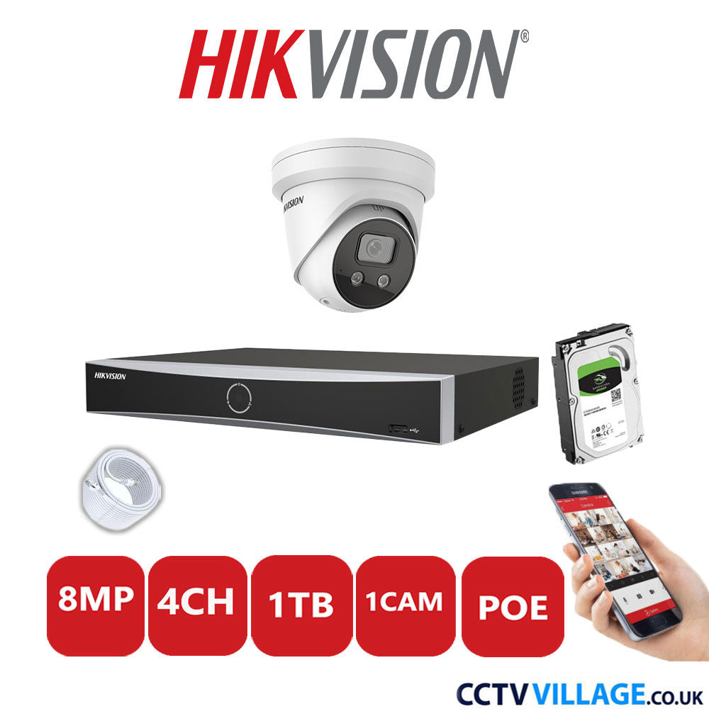 Hikvision 8MP IP CCTV System 4 Channel NVR-DS7604NXI-K1/4P with 1x Turret Camera DS-2CD2386G2-ISU/SL White 1TB HDD Full Kit