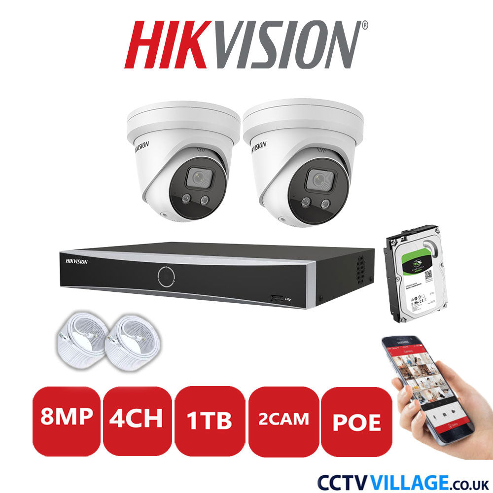 Hikvision 8MP IP CCTV System 4 Channel NVR-DS7604NXI-K1/4P with 2x Turret Cameras DS-2CD2386G2-ISU/SL White 1TB HDD Full Kit