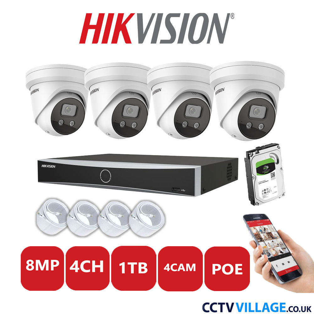 Hikvision 8MP IP CCTV System 4 Channel NVR-DS7604NXI-K1/4P with 4x Turret Cameras DS-2CD2386G2-ISU/SL White 1TB HDD Full Kit