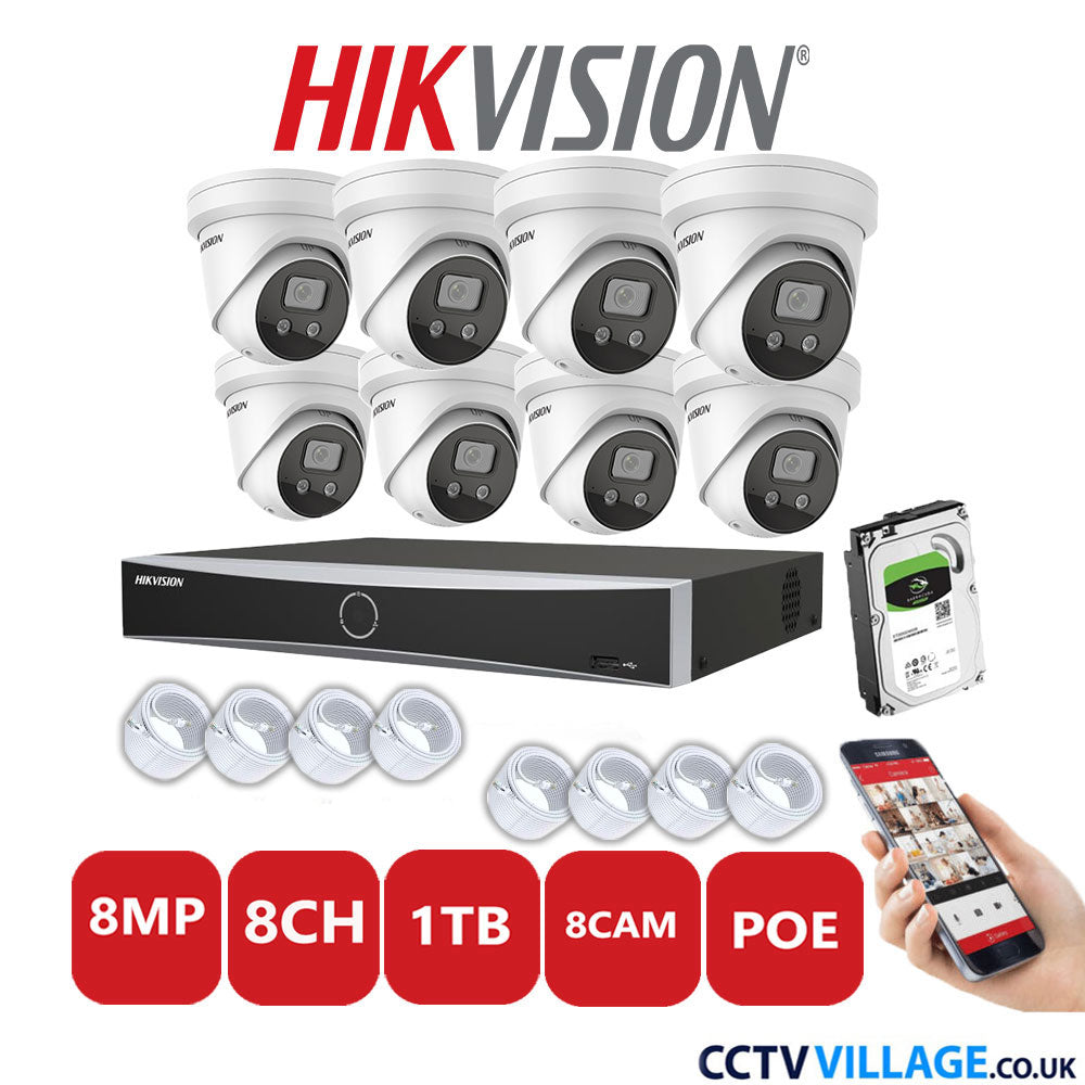 Hikvision 8MP IP CCTV System 8 Channel NVR-DS7608NXI-K1/8P with 8x Turret Cameras DS-2CD2386G2-ISU/SL White 1TB HDD Full Kit