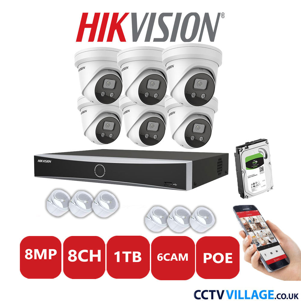 Hikvision 8MP IP CCTV System 8 Channel NVR-DS7608NXI-K1/8P with 6x Turret Cameras DS-2CD2386G2-ISU/SL White 1TB HDD Full Kit