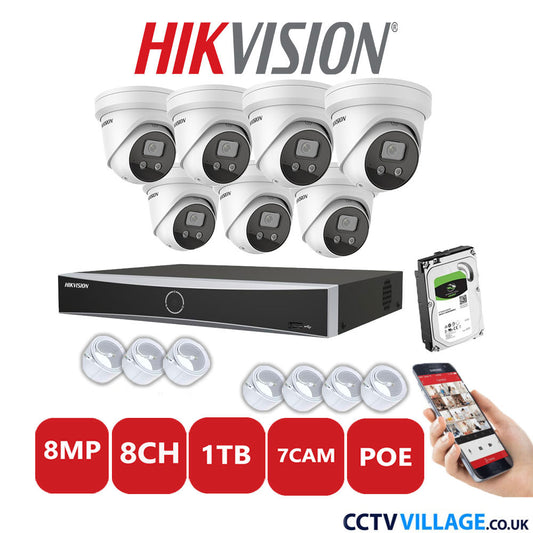 Hikvision 8MP IP CCTV System 8 Channel NVR-DS7608NXI-K1/8P with 7x Turret Cameras DS-2CD2386G2-ISU/SL White 1TB HDD Full Kit