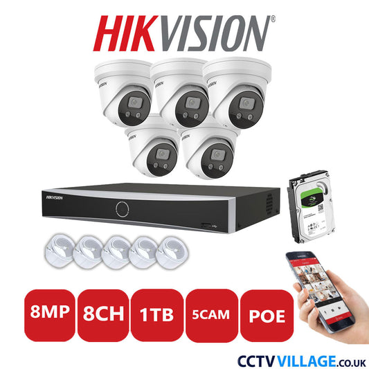 Hikvision 8MP IP CCTV System 8 Channel NVR-DS7608NXI-K1/8P with 5x Turret Cameras DS-2CD2386G2-ISU/SL White 1TB HDD Full Kit