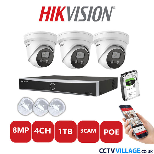 Hikvision 8MP IP CCTV System 4 Channel NVR-DS7604NXI-K1/4P with 3x Turret Cameras DS-2CD2386G2-ISU/SL White 1TB HDD Full Kit