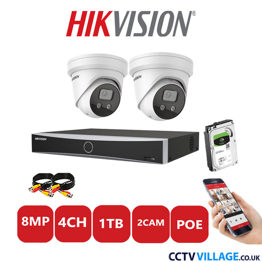 Hikvision 8MP IP CCTV Kit 4 Channel NVR-DS7604NXI-K1/4P with 2x Turret Cameras DS-2CD2386G2-ISU/SL White 1TB HDD Full Kit