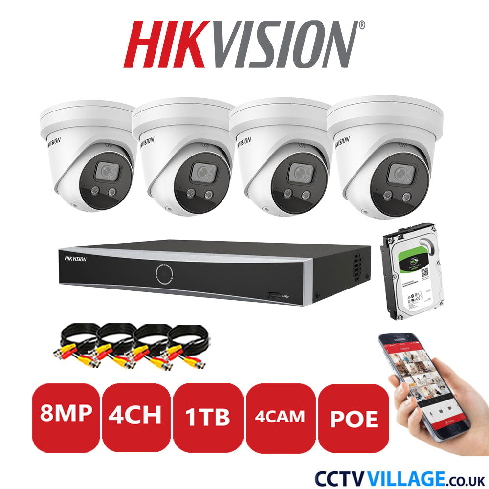 Hikvision 8MP IP CCTV Kit 4 Channel NVR-DS7604NXI-K1/4P with 4x Turret Cameras DS-2CD2386G2-ISU/SL White 1TB HDD Full Kit