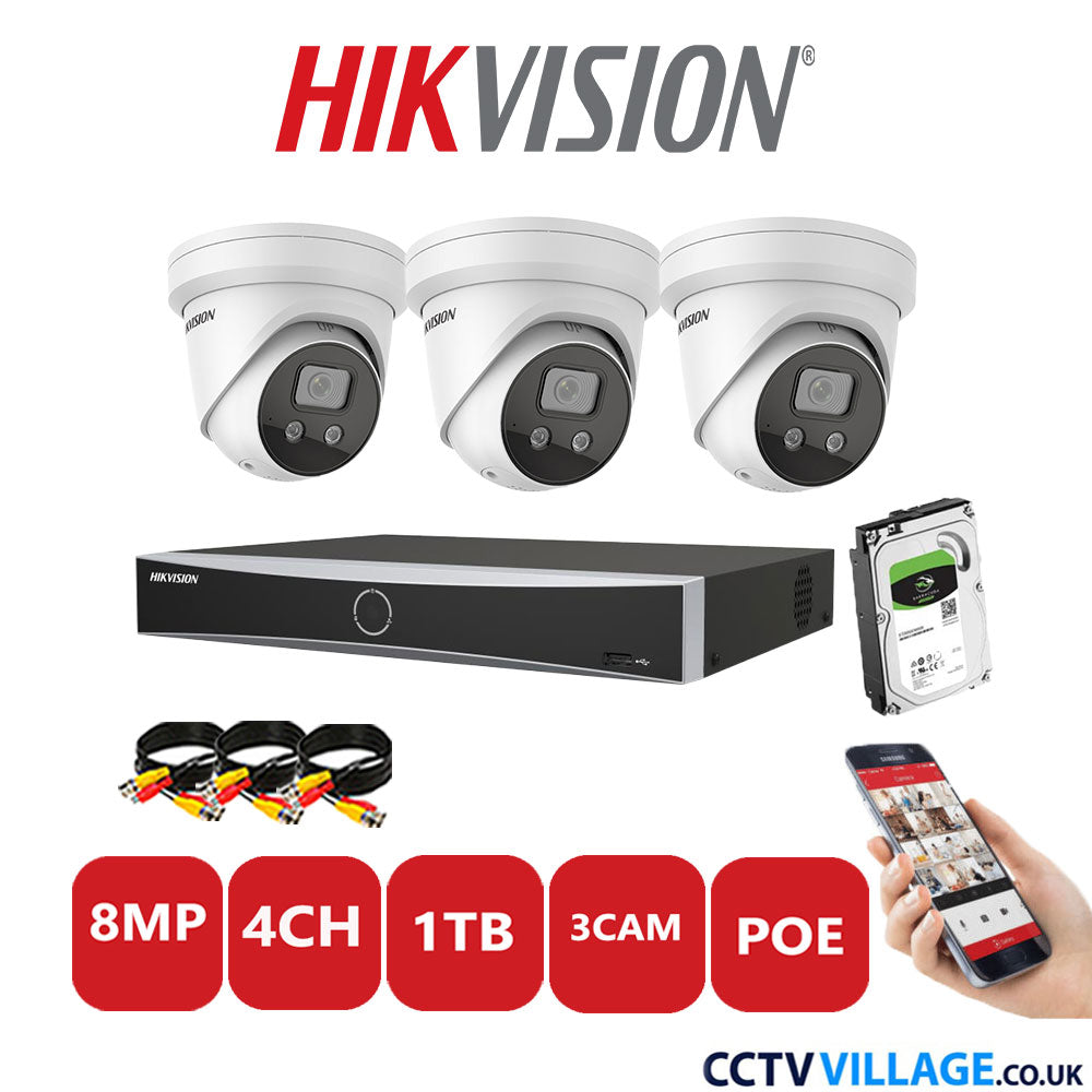 Hikvision 8MP IP CCTV Kit 4 Channel NVR-DS7604NXI-K1/4P with 3x Turret Cameras DS-2CD2386G2-ISU/SL White 1TB HDD Full Kit