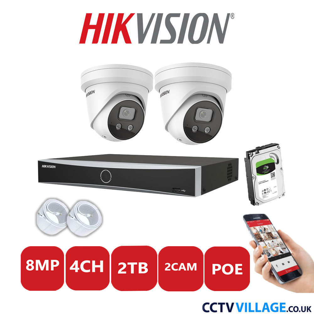 Hikvision 8MP IP CCTV System 4 Channel NVR-DS7604NXI-K1/4P with 2x Turret Cameras DS-2CD2386G2-ISU/SL White 2TB HDD Full Kit