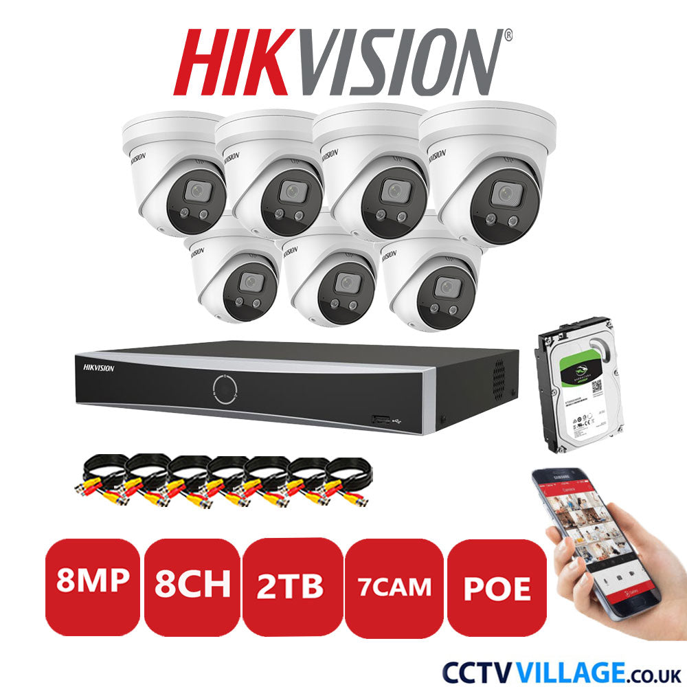 Hikvision 8MP IP CCTV System 8 Channel NVR-DS7608NXI-K2/8P with 7x Turret Cameras DS-2CD2386G2H-ISU/SL White 2TB HDD Full Kit