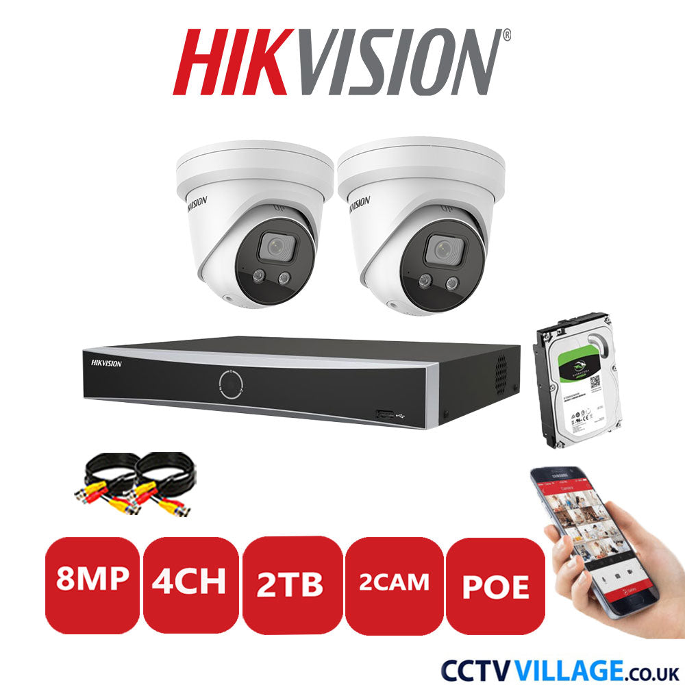 Hikvision 8MP IP CCTV Kit 4 Channel NVR-DS7604NXI-K1/4P with 2x Turret Cameras DS-2CD2386G2-ISU/SL White 2TB HDD Full Kit