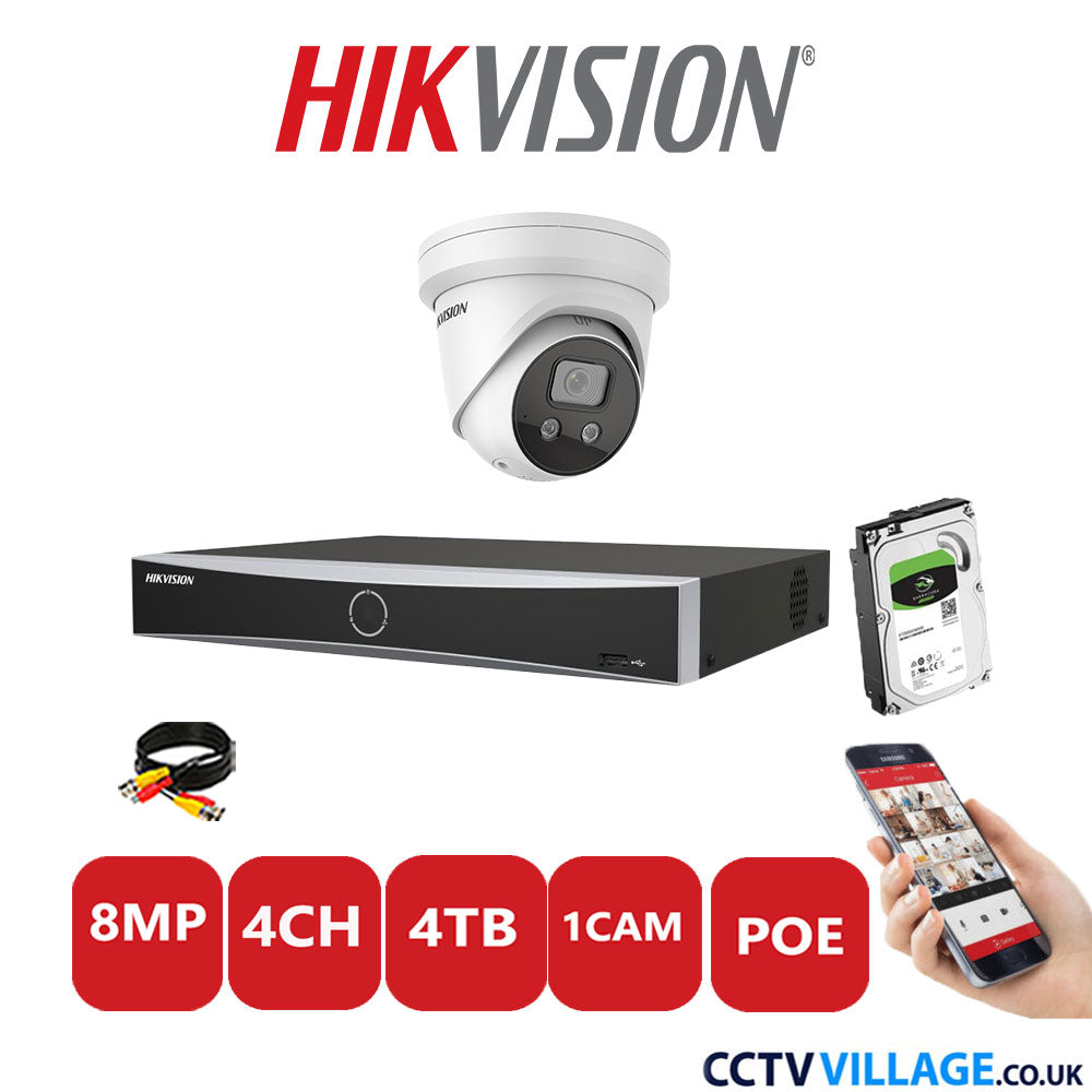 Hikvision 8MP IP CCTV Kit 4 Channel NVR-DS7604NXI-K1/4P with 1x Turret Camera DS-2CD2386G2-ISU/SL White 4TB HDD Full Kit