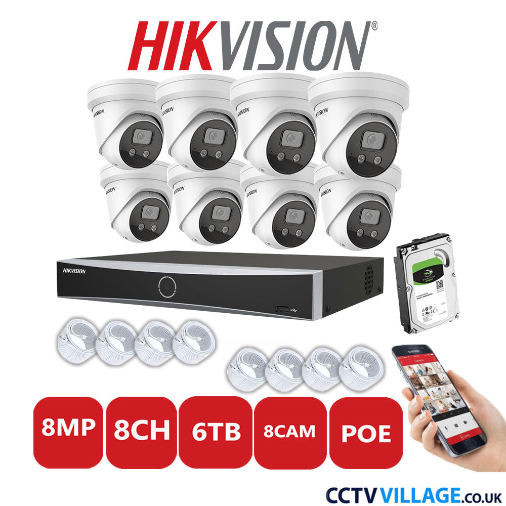 Hikvision 8MP IP CCTV System 8 Channel NVR-DS7608NXI-K1/8P with 8x Turret Cameras DS-2CD2386G2-ISU/SL White 6TB HDD Full Kit