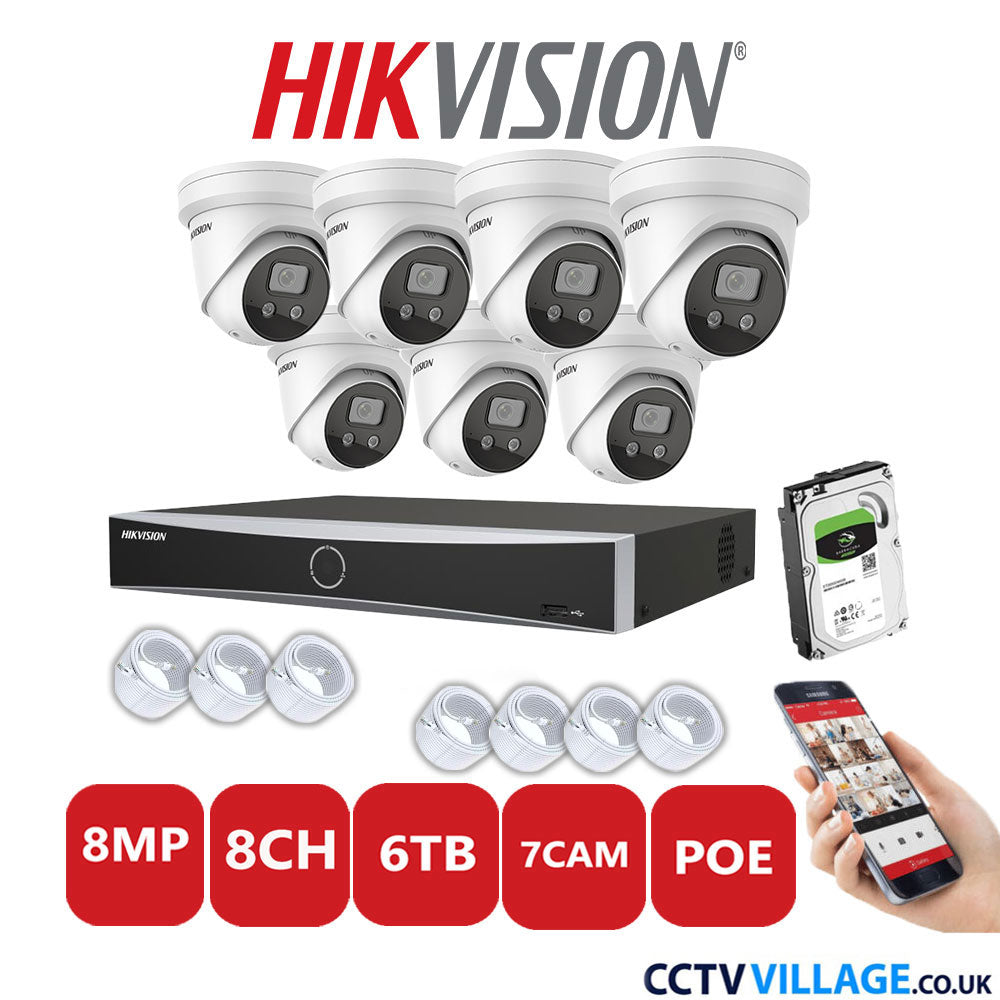 Hikvision 8MP IP CCTV System 8 Channel NVR-DS7608NXI-K1/8P with 7x Turret Cameras DS-2CD2386G2-ISU/SL White 6TB HDD Full Kit