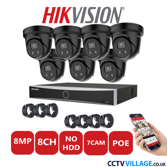 Hikvision 8MP IP CCTV System 8 Channel NVR-DS7608NXI-K1/8P with 7x Turret Cameras DS-2CD2386 G2-IU Black No HDD Full Kit