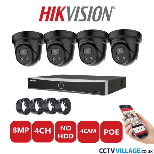 Hikvision 8MP IP CCTV System 4 Channel NVR-DS7604NXI-K1/4P with 4x Turret Cameras DS-2CD2386G2-IU Black No HDD Full Kit