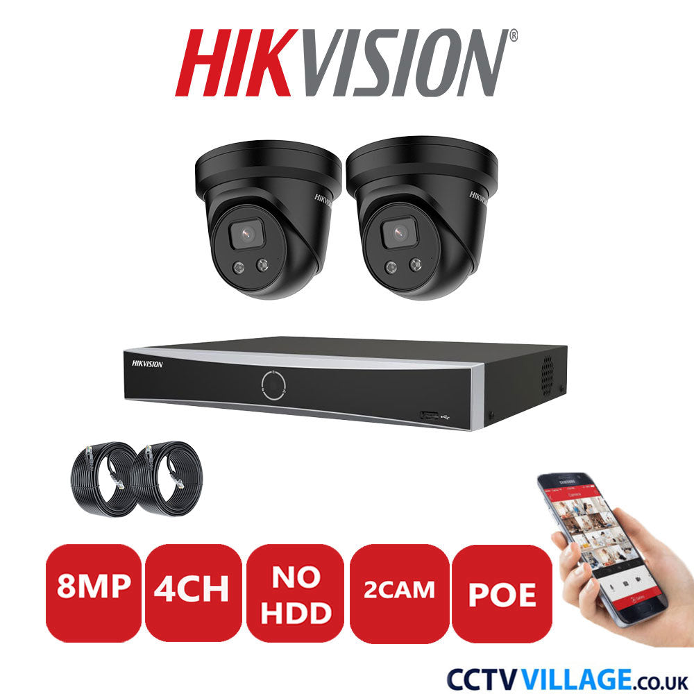 Hikvision 8MP IP CCTV System 4 Channel NVR-DS7604NXI-K1/4P with 2x Turret Cameras DS-2CD2386G2-IU Black No HDD Full Kit